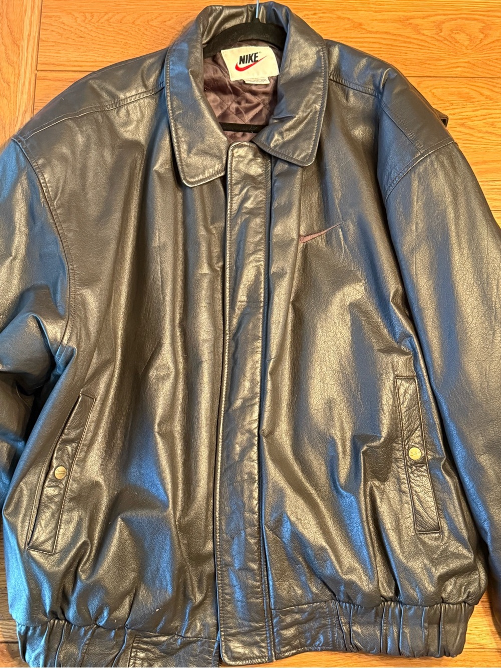 Nike Brown Leather Bomber Jacket with Subtle Swoosh